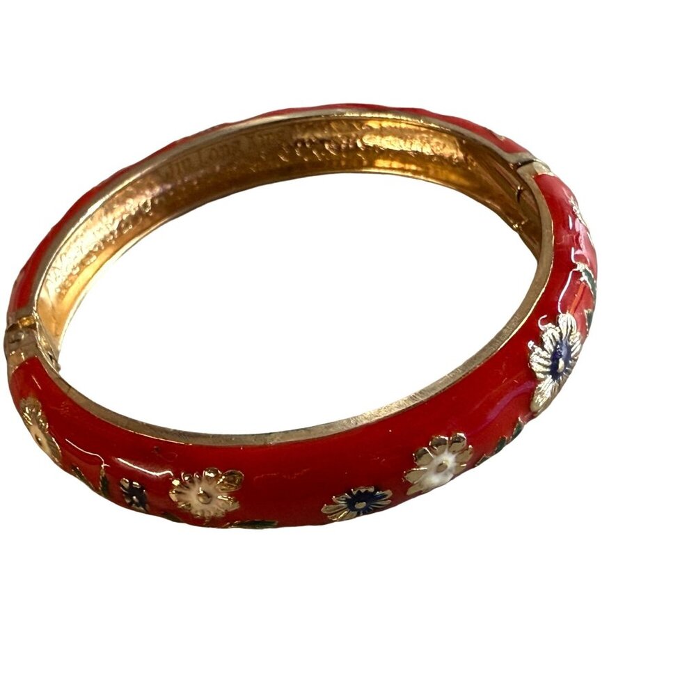 Clamper Style Bracelet Red Color Flower Pattern Accent Multicolor Enamel Painted